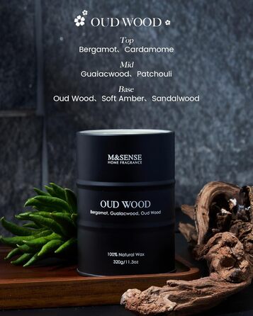 Ароматичні свічки M&SENSE Oud Wood з натурального соєвого воску, 320 г натуральної соєвої свічки для домашнього декору, тривале горіння до 70 годин, класні подарункові свічки для чоловіків і жінок, 320 г Oud Wood