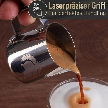 Глечик для молока Barista Legends з нержавіючої сталі 350 мл зі спеціальним носиком для лате-арту - Глечик для спінювання молока з високим глянцевим покриттям - Глечик для молока Barista з нержавіючої сталі - Аксесуари Barista (срібло)