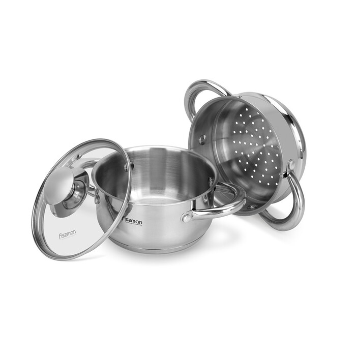 Каструля Fissman GULLIVER 14x7 см 1,1 л зі вставкою-пароваркою 14x6,5 см та скляною кришкою нержавіюча сталь (5428)