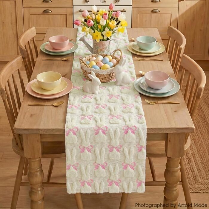 Мягкая дорожка с вышивкой бежевого кролика с бантом 183 х 33 см Artoid Mode