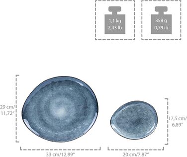 ПЕВЕЦ Столовый сервиз Darwin 12 шт., набор глиняной посуды на 4 персоны, набор тарелок синего цвета, включая обеденную тарелку, десертную тарелку и глубокие тарелки, столовую посуду, набор посуды ручной работы (набор сервировочных блюд 1)