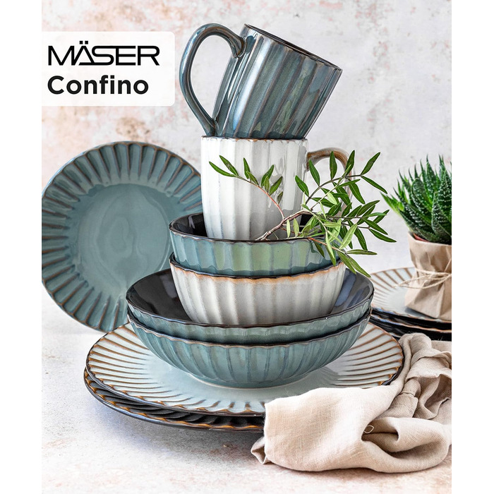 Набір посуду MSER серії 931966 Confino на 4 персони в сучасному вінтажному стилі, сервіз посуду для сніданку з 12 предметів з кераміки бірюзового кольору з чорними вставками, сервіз кави з кераміки Teal