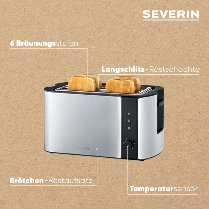 Автоматичний тостер SEVERIN з довгим слотом на 4 скибочки тостів, тостер з насадкою для булочки, високоякісний тостер з нержавіючої сталі з великими камерами для обсмажування та потужністю 1 400 Вт, матова нержавіюча сталь/чорний, AT 2590
