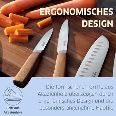 Набір кухонних ножів Kuppels WOOD, 3 предмети ніж шеф-кухаря, ніж універсальний та ніж для овочів з ручкою з акації. Надзвичайно гострий набір ножів з хромо-ванадієвої сталі, професійний набір для овочів та мяса (включає ніж для хліба).