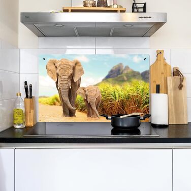 Фартух для плити, кухонний фартух, вініл, 78x52 см, декор для кухні, облицювання стіни, кришка для плити - сіро-чорна (слони - тварини, 52,7Д x 91,6Ш см)