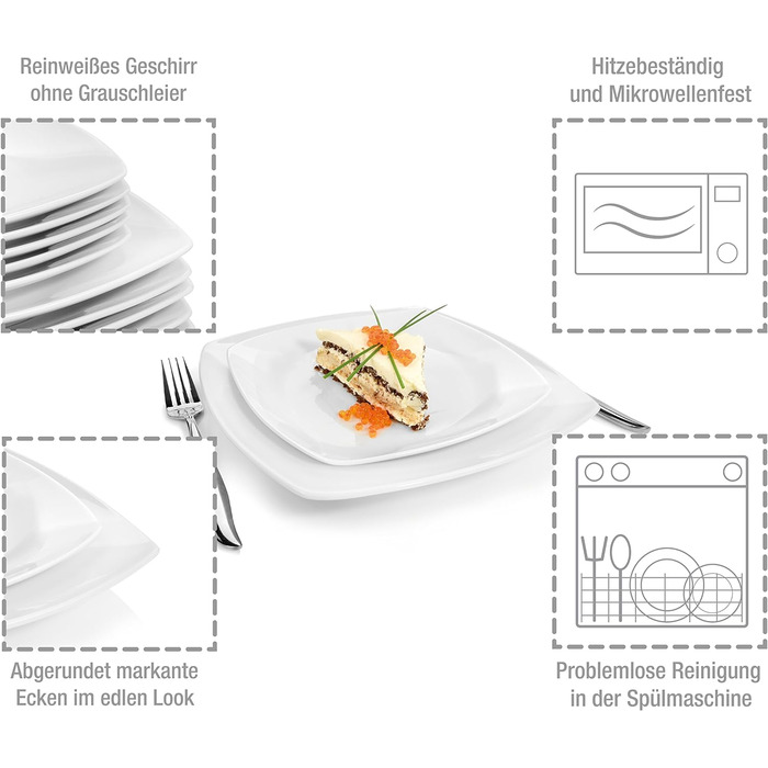 СПІВАЧКА Набір тарілок Вражаючий 18 шт. , Порцеляновий набір посуду 6 персон, Столовий сервіз Можна мити в посудомийній машині, Посуд з обідніми тарілками та глибокими тарілками, Посуд квадратний білий, Столовий сервіз Сучасний столовий сервіз 18 шт.