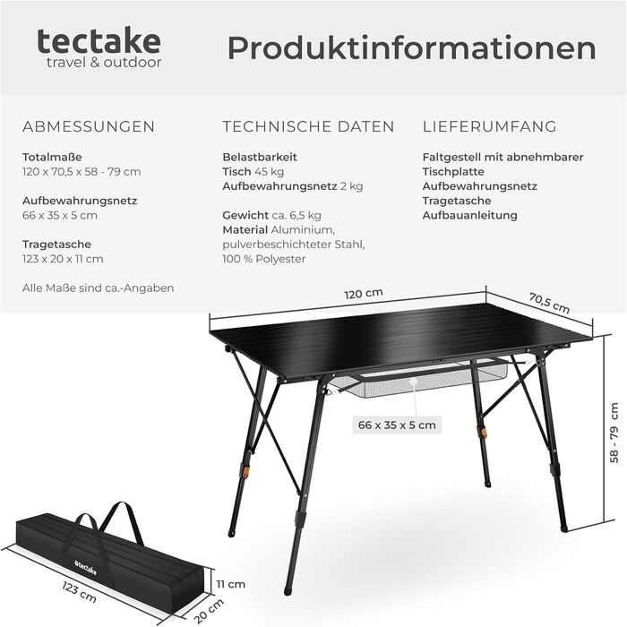 Складной алюминиевый стол для кемпинга 120 x 70,5 см tectake
