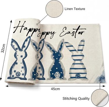 Великодні серветки &quotЩасливого Великодня&quot з коричневим кроликом, набір з 4 шт. , 32x45 см, весняний різдвяний килимок, серветки, що миються, прикраса для кухні-вечірки (синій, 32 x 45 см)
