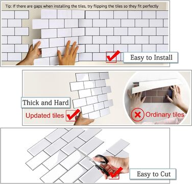 Штук 3D наклейки на плитку для ванної кімнати кухні, клейка вінілова плитка, самоклеюча плівка для плитки, стінові панелі, ПВХ, плитка Metro, самоклеючий декор плитки 30x30, декор настінної плитки (10, білий)