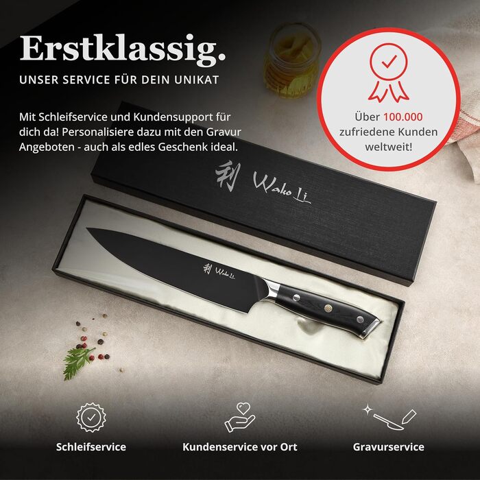 Набор ножей Wakoli Titanium Noir (5 предметов) в магнитном блоке профессиональный кухонный набор с лезвиями из нержавеющей стали (12,521 см), черным покрытием. Включает нож шеф-повара.