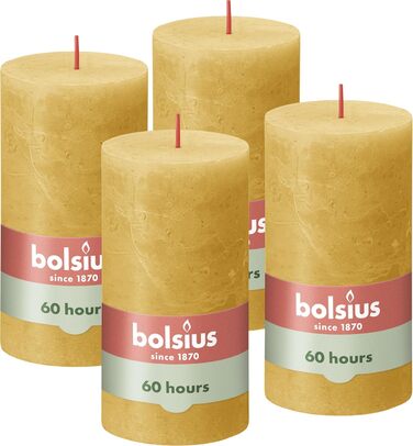 Свічки Bolsius Rustic Pillar - Оливково-зелені - Набір з 4 шт. - Декоративні побутові свічки - Час горіння 60 годин - Без запаху - Натуральний рослинний віск - Без пальмової олії - Оливково-зелені (13 x 7 см, охра-жовті)