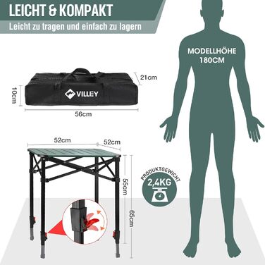 Алюминиевый раскладной стол для кемпинга 52 х 52 х 65 см VILLEY