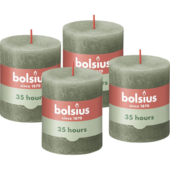 Свічки Bolsius Rustic Pillar - Оливково-зелені - Набір з 4 шт. - Декоративні побутові свічки - Час горіння 60 годин - Без запаху - Натуральний рослинний віск - Без пальмової олії - Оливково-зелені (8 x 7 см, Оливково-зелені)