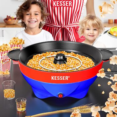 Велика машина для попкорну KESSER 800 Вт Машина для попкорну об&39ємом 5,5 л з кришкою з антипригарним покриттям та сервірувальною мискою для олії, масла, цукру, тиха та швидка, включаючи мірну чашку та чашку для попкорну, знімна нагрівальна поверхня (син