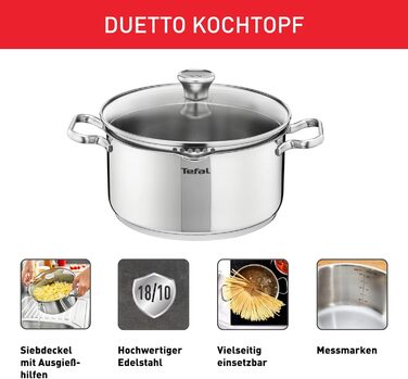 Кастрюля 20 см из нержавеющей стали со стеклянной крышкой Duetto Tefal