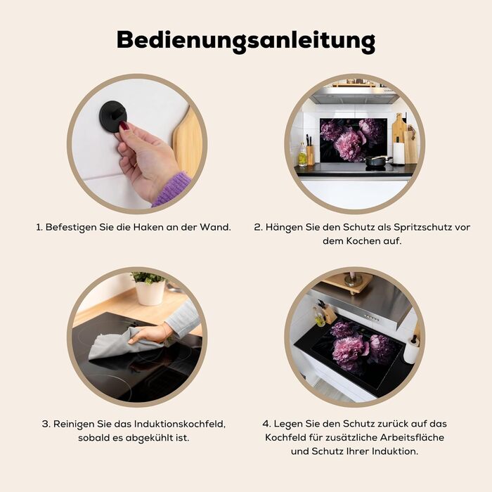 Фартух для плити, кухонний фартух, вініл, 78x52 см, декор для кухні, облицювання стіни, кришка для плити - сіро-чорна (квіти - рожеві, 52Д x 81,2Ш см)